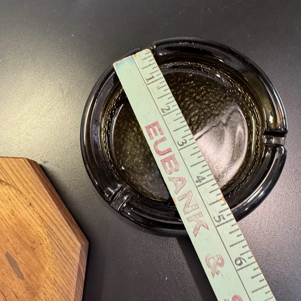 Vintage Amber Glass Ashtray Octagon Wood Base  Cigar /‎ Cigarette